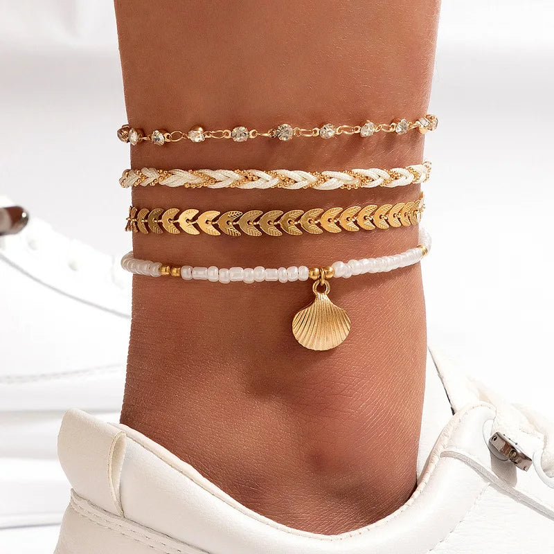 Tocona Bohemian Woven Rope Anklet Set – 4pcs Beaded, Shell, Multilayer Leaf Charms for Beach Style & Summer Wanderlust