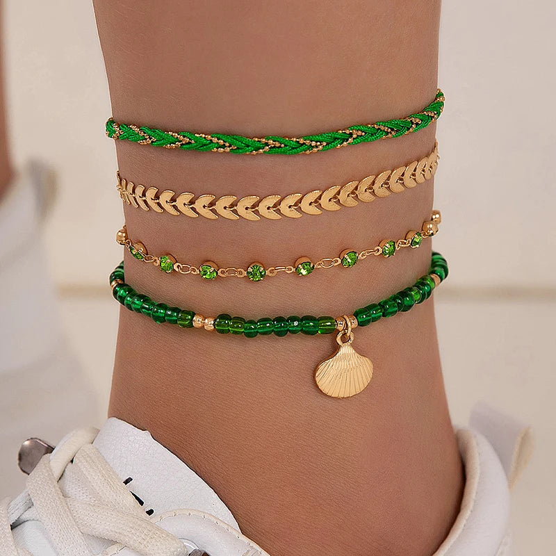 Tocona Bohemian Woven Rope Anklet Set – 4pcs Beaded, Shell, Multilayer Leaf Charms for Beach Style & Summer Wanderlust
