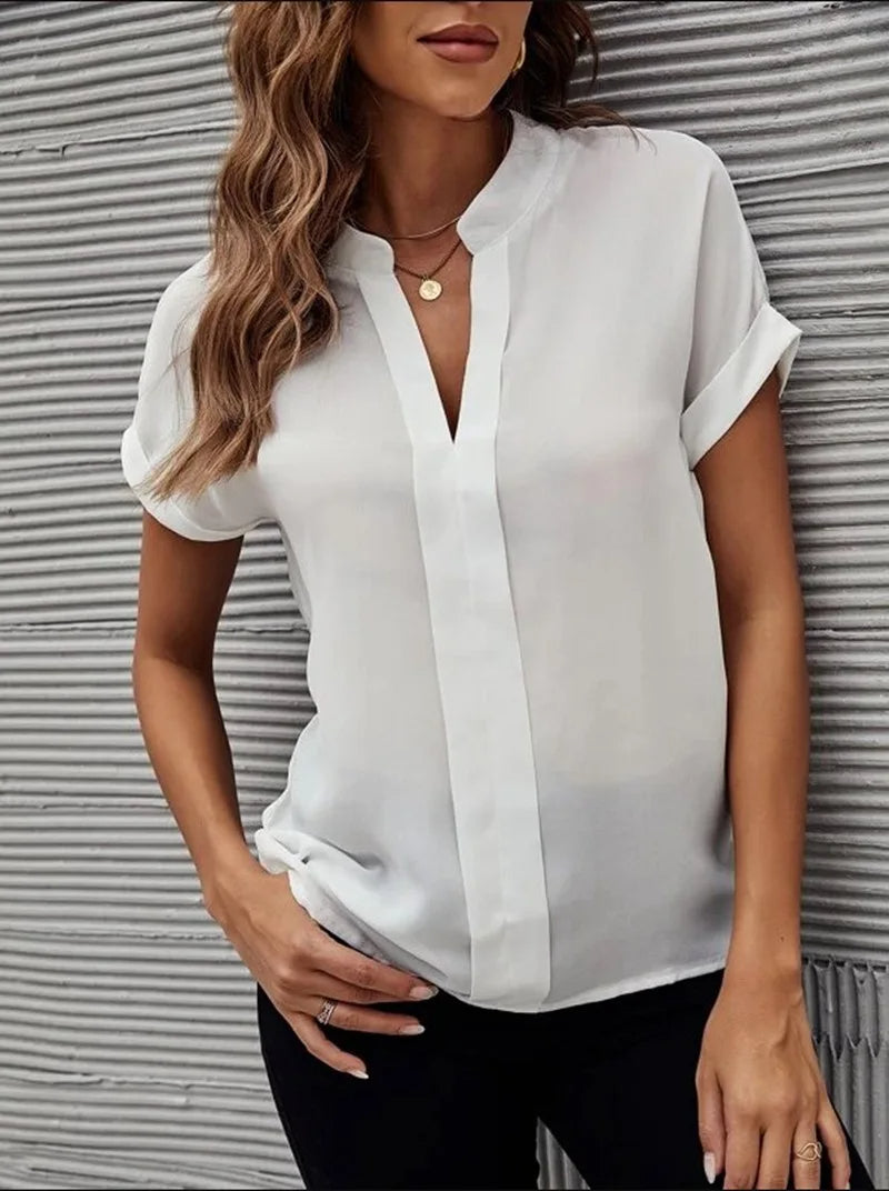Chiffon V-Neck Workwear Blouse – Loose Short-Sleeved Shirt for Women’s Business Casual Summer Style