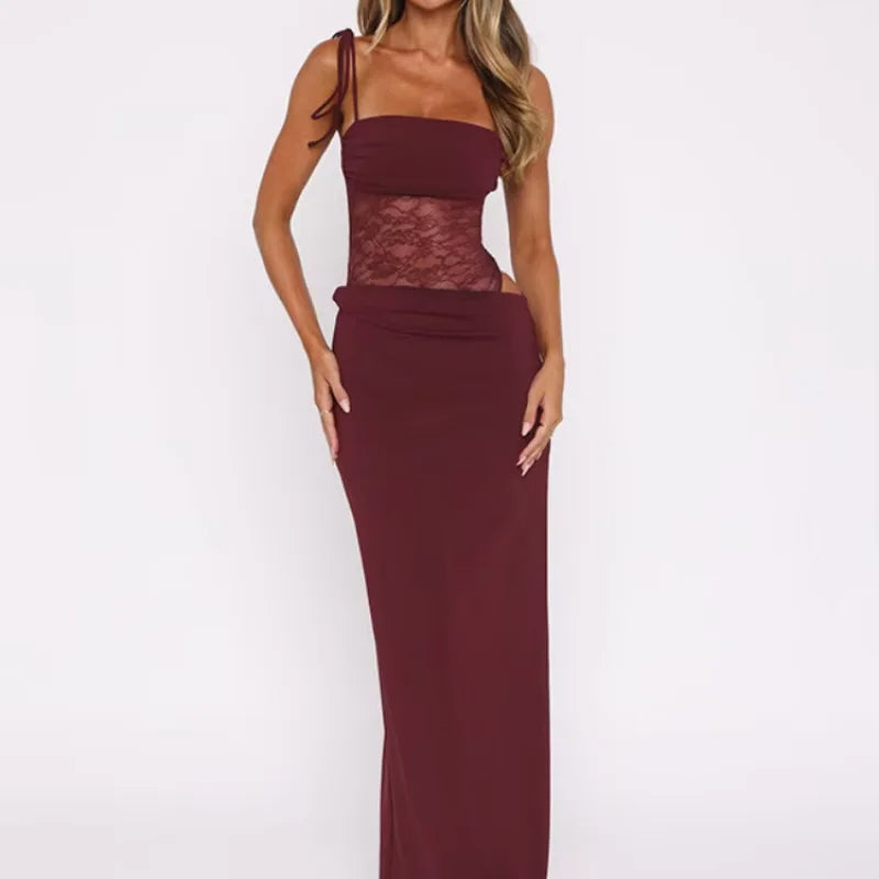 Lace Suspender Patchwork Maxi Dress – Backless Sleeveless Design for a Slim, Elegant Party Silhouette