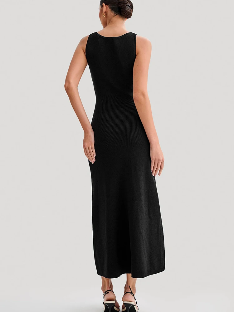 High Slit Knitted Maxi Dress for Women – Apricot Sleeveless Button Detail Bodycon Party Winter Dress