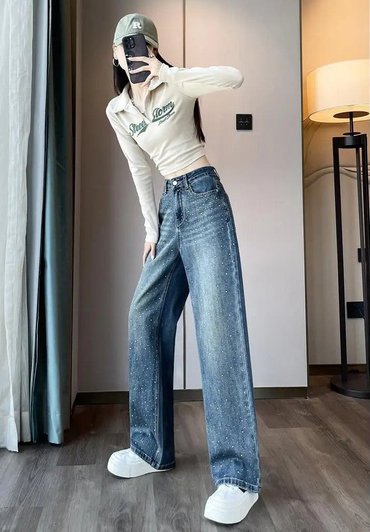 Rhinestone Wide-Leg Jeans – High-Waist Loose Straight Pants for Women