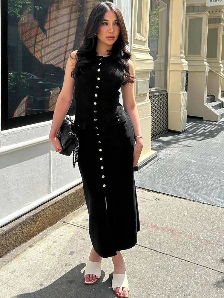 High Slit Knitted Maxi Dress for Women – Apricot Sleeveless Button Detail Bodycon Party Winter Dress