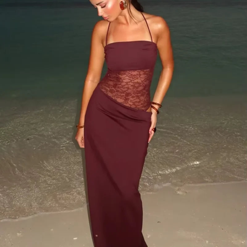 Lace Suspender Patchwork Maxi Dress – Backless Sleeveless Design for a Slim, Elegant Party Silhouette