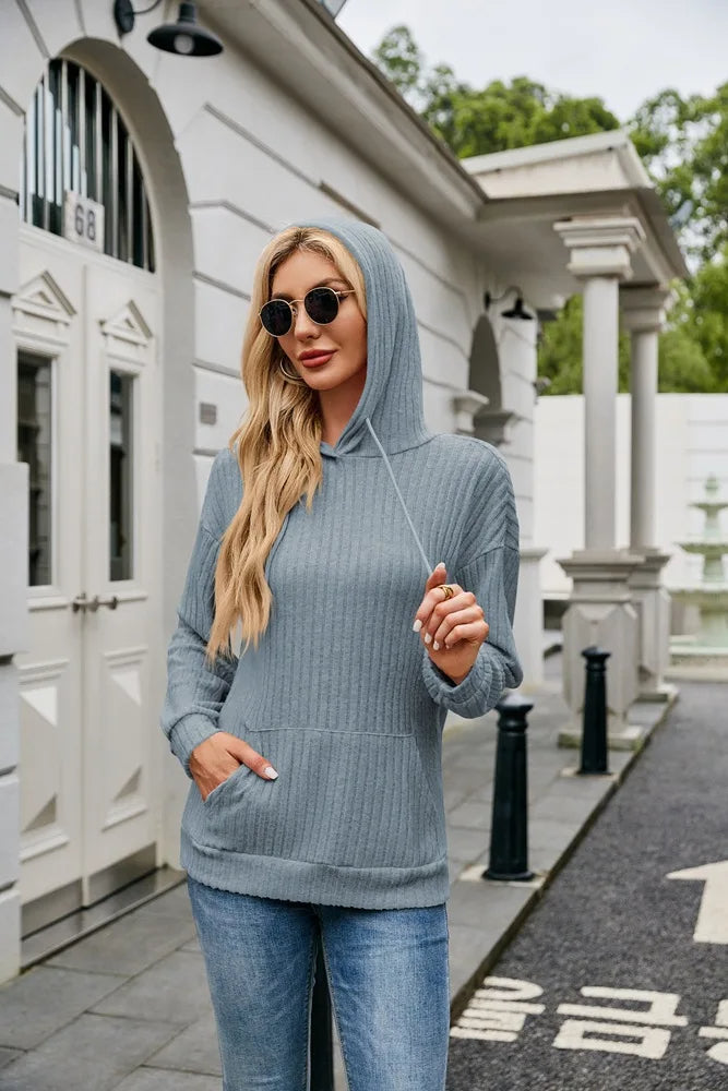 Hooded Groove Stripe Knitted Sweater – Cozy Women's Pullover with Kangaroo Pocket for Casual Winter Chic