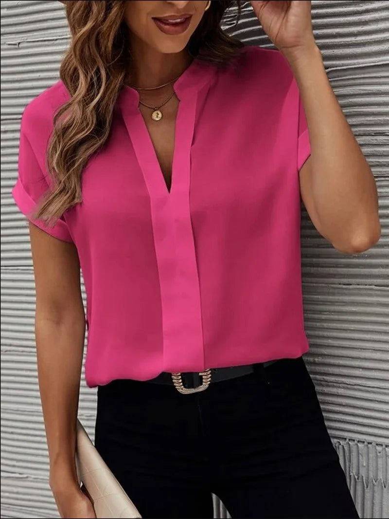 Chiffon V-Neck Workwear Blouse – Loose Short-Sleeved Shirt for Women’s Business Casual Summer Style