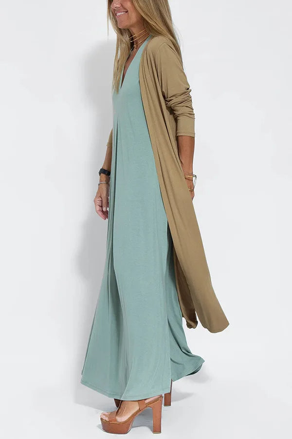 Chic V-Neck Dress & Cardigan Set – Sleeveless Long Vest Dress with Fall-Ready Casual Layered Elegance