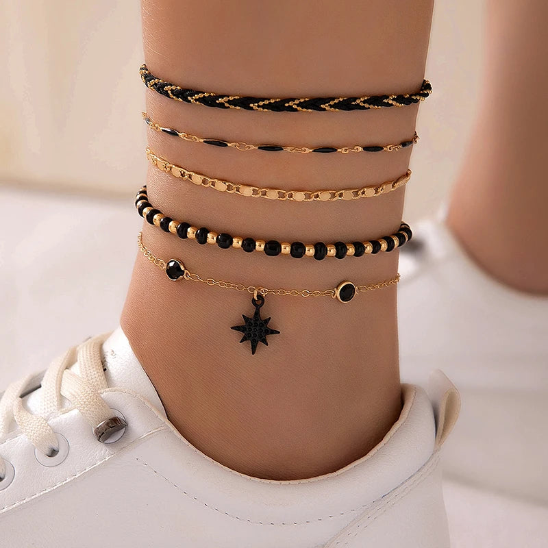 Tocona Bohemian Woven Rope Anklet Set – 4pcs Beaded, Shell, Multilayer Leaf Charms for Beach Style & Summer Wanderlust