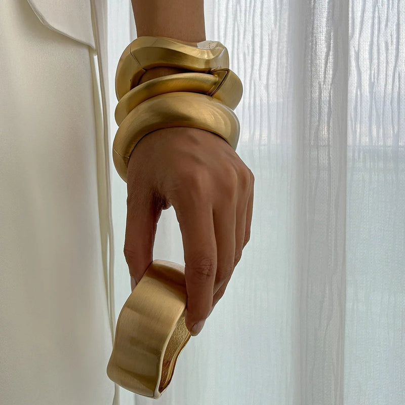 Chunky Water Drop Bangle - Bold Gold Open Cuff with Irregular Wave Design