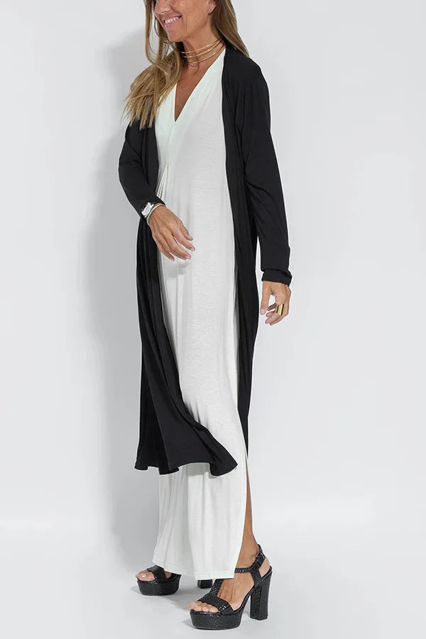 Chic V-Neck Dress & Cardigan Set – Sleeveless Long Vest Dress with Fall-Ready Casual Layered Elegance