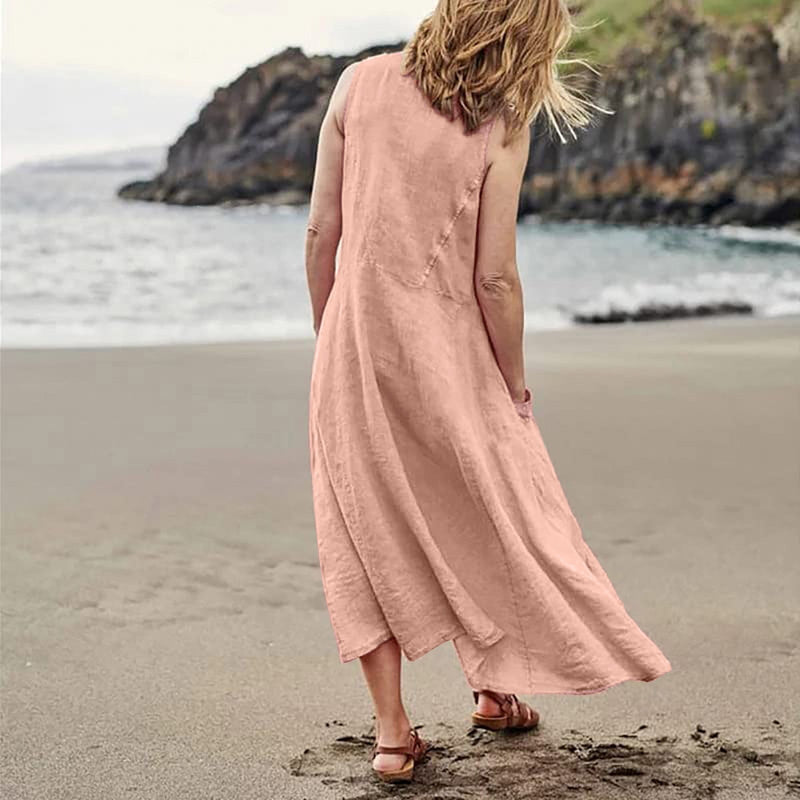 Cotton Linen Long Dress with Pockets – Plus Size Sleeveless Pullover for Effortless Summer Fashion