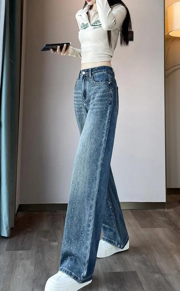 Rhinestone Wide-Leg Jeans – High-Waist Loose Straight Pants for Women