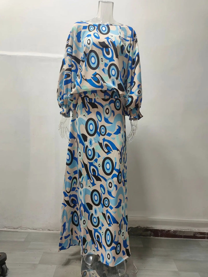 Floral Vacation Dress Set – 2-Piece Maxi Skirt & Blouse with Big Swing Hem for Summer Holiday Style