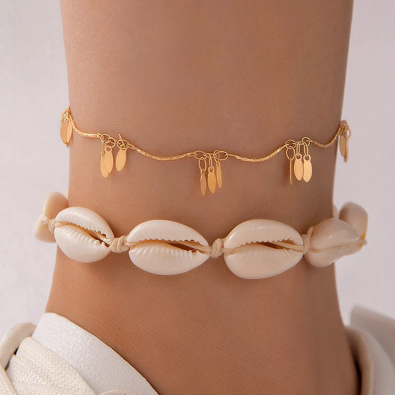 Tocona Bohemian Woven Rope Anklet Set – 4pcs Beaded, Shell, Multilayer Leaf Charms for Beach Style & Summer Wanderlust