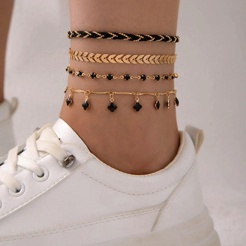 Tocona Bohemian Woven Rope Anklet Set – 4pcs Beaded, Shell, Multilayer Leaf Charms for Beach Style & Summer Wanderlust