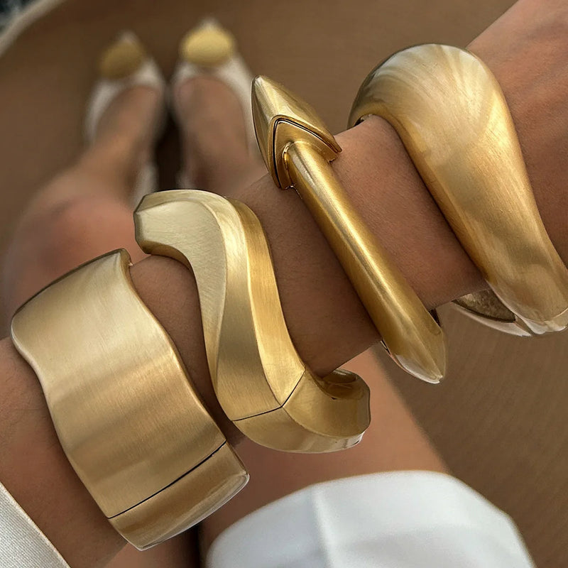 Chunky Water Drop Bangle - Bold Gold Open Cuff with Irregular Wave Design