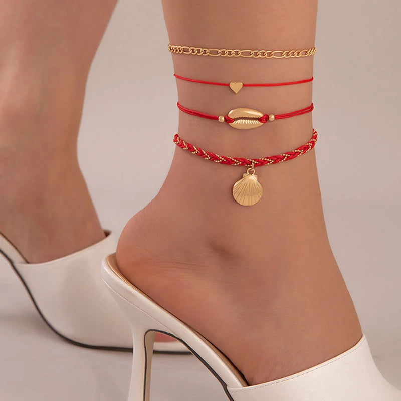 Tocona Bohemian Woven Rope Anklet Set – 4pcs Beaded, Shell, Multilayer Leaf Charms for Beach Style & Summer Wanderlust
