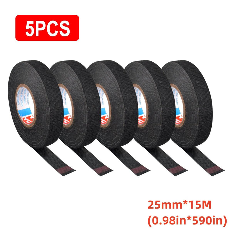 5 Rolls 15m/49.2ft Adhesive Cloth Fabric Tape, Cable Loom Wiring Harness Cloth 15mm 19mm 25mm