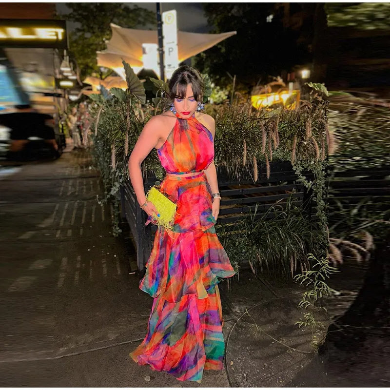 Bold Contrast Tie Dye Deep V-Neck Strap Dress – Backless Off-Shoulder Design for Spring Parties and Holidays