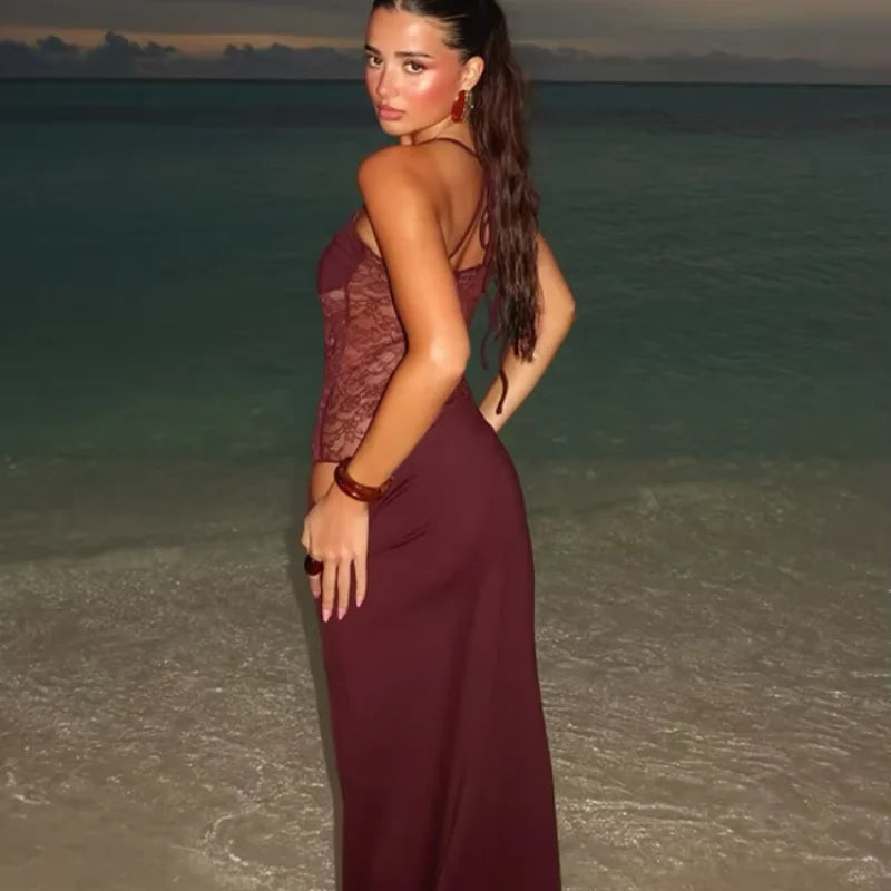 Lace Suspender Patchwork Maxi Dress – Backless Sleeveless Design for a Slim, Elegant Party Silhouette