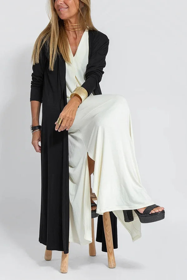 Chic V-Neck Dress & Cardigan Set – Sleeveless Long Vest Dress with Fall-Ready Casual Layered Elegance