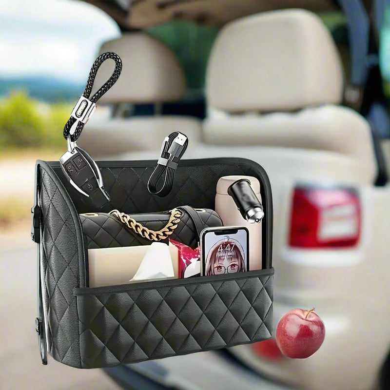 PU Leather Car Backseat Organizer – Quilted Diamond-Stitch Design with Mesh Pockets, Handbag Holder & Extra Storage for Cars/SUVs