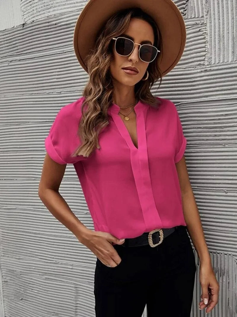 Chiffon V-Neck Workwear Blouse – Loose Short-Sleeved Shirt for Women’s Business Casual Summer Style