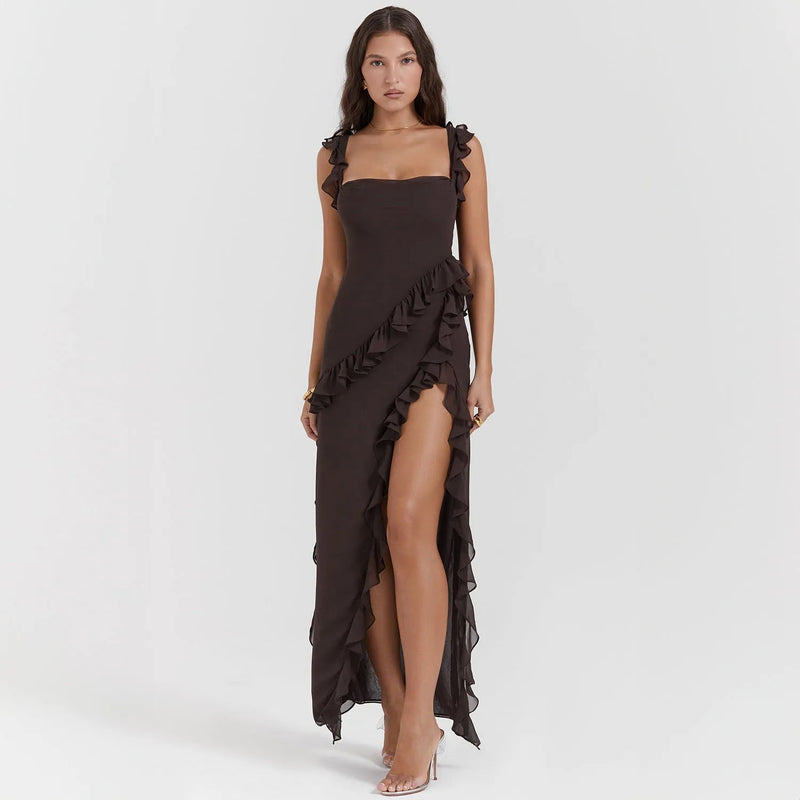 Sexy Spaghetti Strap Thigh High Split Bodycon Dress – Backless, Low-Cut Ruffle Gown for Elegant Evening & Party Glamour