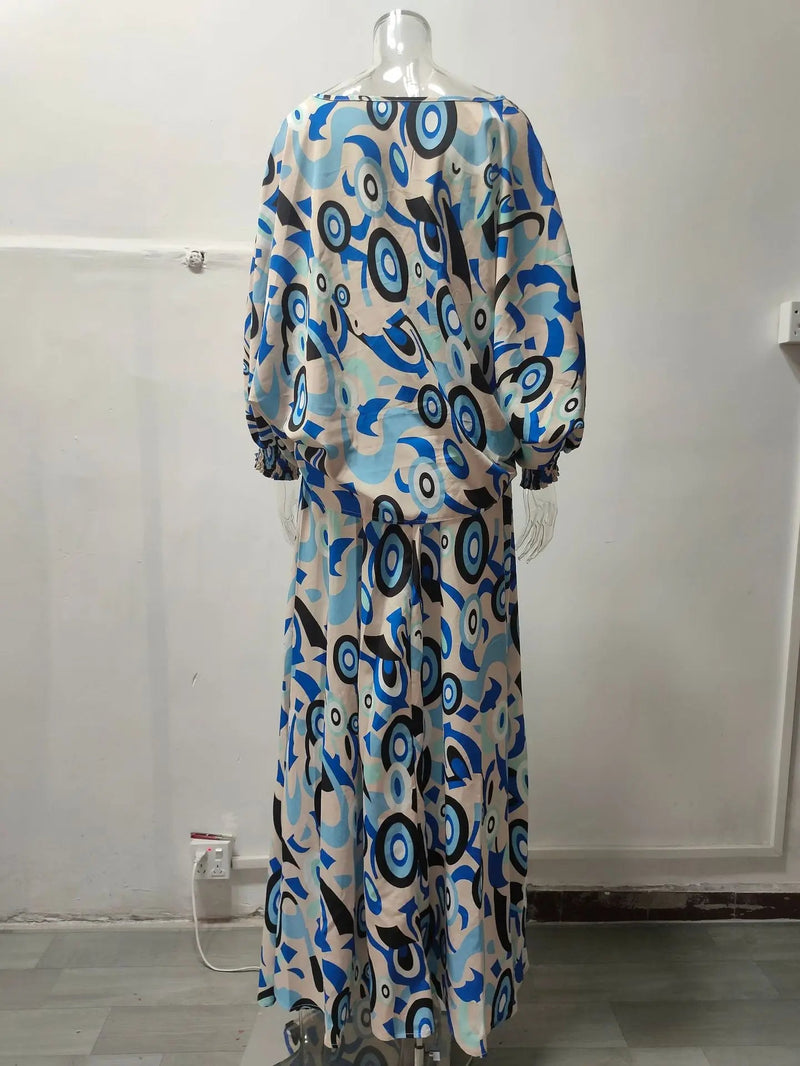 Floral Vacation Dress Set – 2-Piece Maxi Skirt & Blouse with Big Swing Hem for Summer Holiday Style