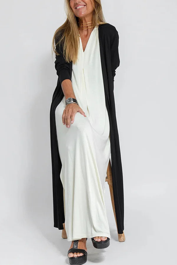 Chic V-Neck Dress & Cardigan Set – Sleeveless Long Vest Dress with Fall-Ready Casual Layered Elegance