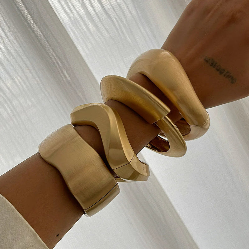 Chunky Water Drop Bangle - Bold Gold Open Cuff with Irregular Wave Design