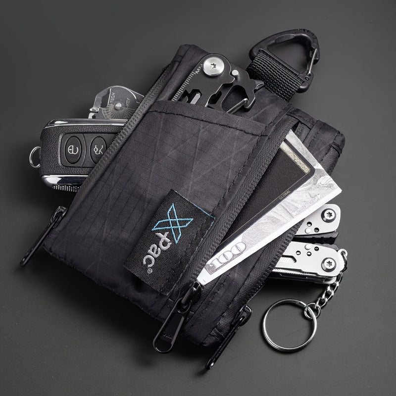 EDC 5-Pocket X-PAC Wallet - Compact Black Quilted Fabric Organizer with YKK Zipper, Keychain, Coin Pouch & Card Slots for Keys, Coins, Bills - Minimalist Men'S Wallet