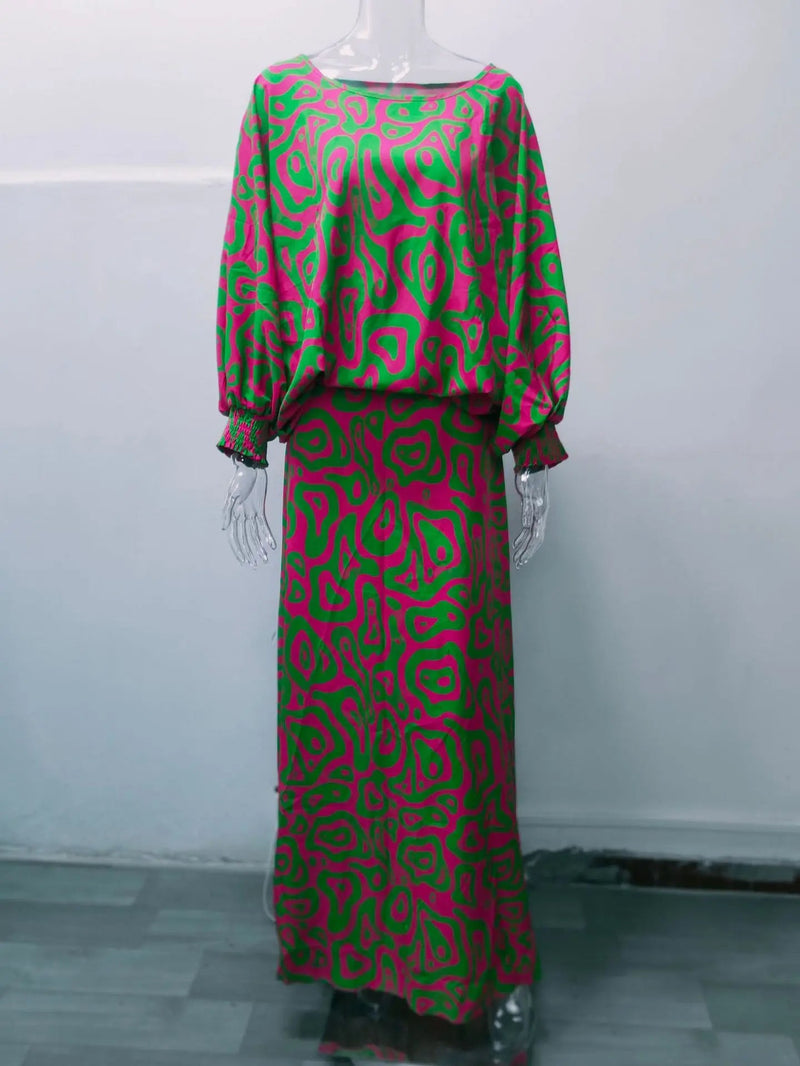 Floral Vacation Dress Set – 2-Piece Maxi Skirt & Blouse with Big Swing Hem for Summer Holiday Style