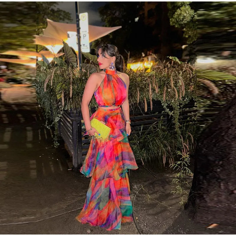 Bold Contrast Tie Dye Deep V-Neck Strap Dress – Backless Off-Shoulder Design for Spring Parties and Holidays