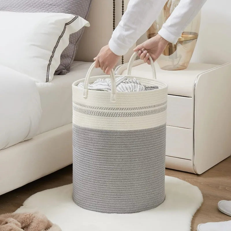 Woven Tall Rope Laundry Hamper – Large 15x20 Inch Dirty Clothes Basket with Handles for Stylish Home or Toy Storage Solution