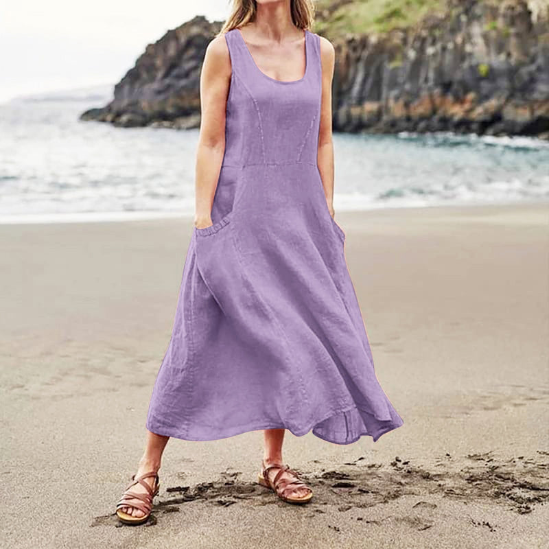 Cotton Linen Long Dress with Pockets – Plus Size Sleeveless Pullover for Effortless Summer Fashion