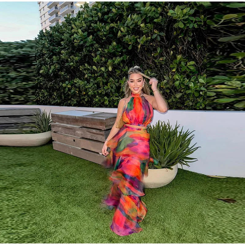 Bold Contrast Tie Dye Deep V-Neck Strap Dress – Backless Off-Shoulder Design for Spring Parties and Holidays
