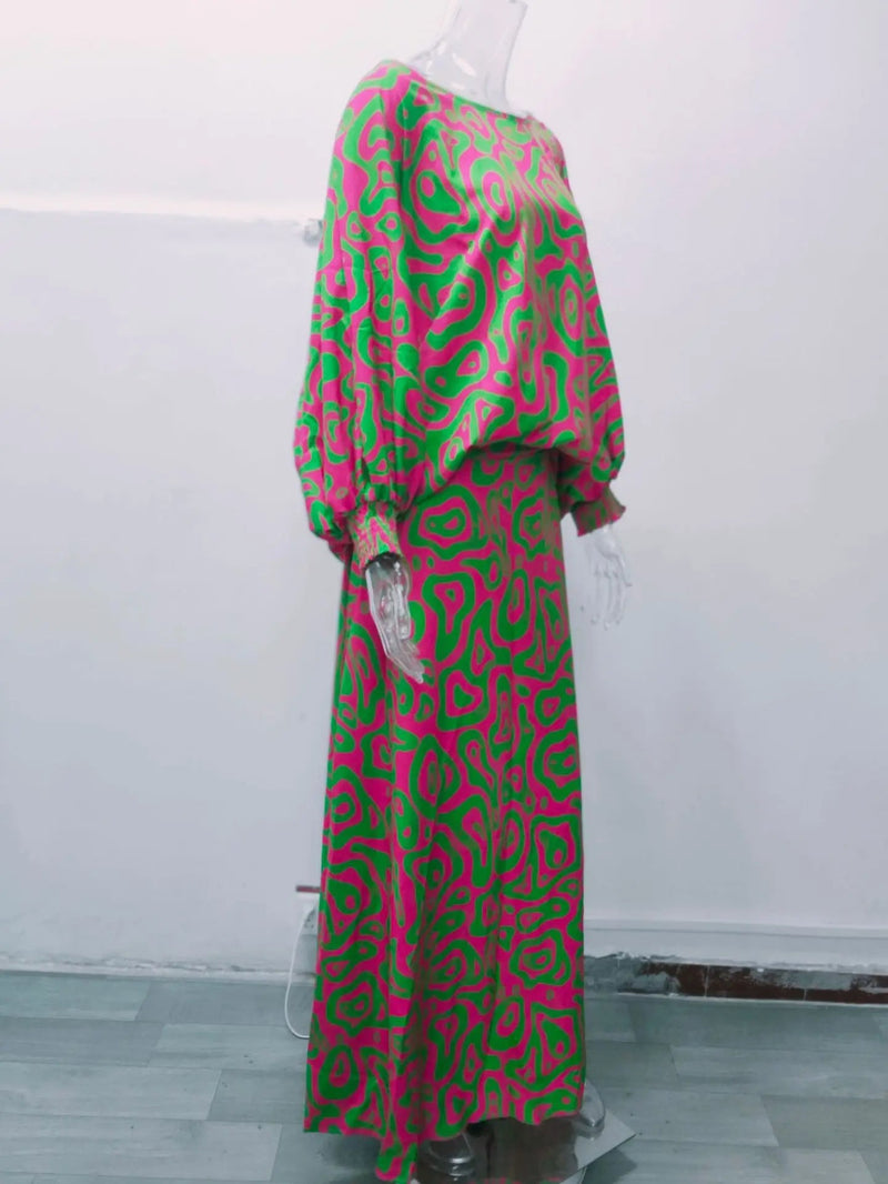 Floral Vacation Dress Set – 2-Piece Maxi Skirt & Blouse with Big Swing Hem for Summer Holiday Style