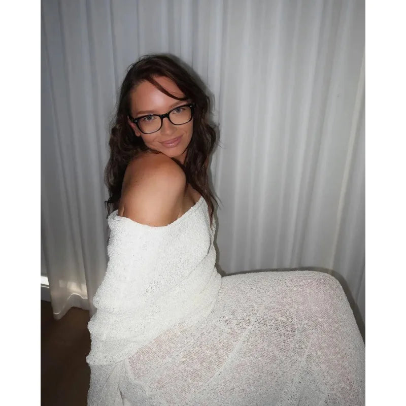 Off-Shoulder Knit Maxi Long Dress – Hollow-Out See-Through Cover-Up for Beach, Holiday, & Party Glam