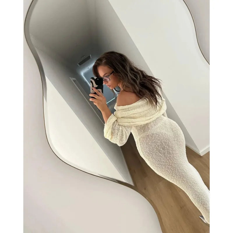 Off-Shoulder Knit Maxi Long Dress – Hollow-Out See-Through Cover-Up for Beach, Holiday, & Party Glam
