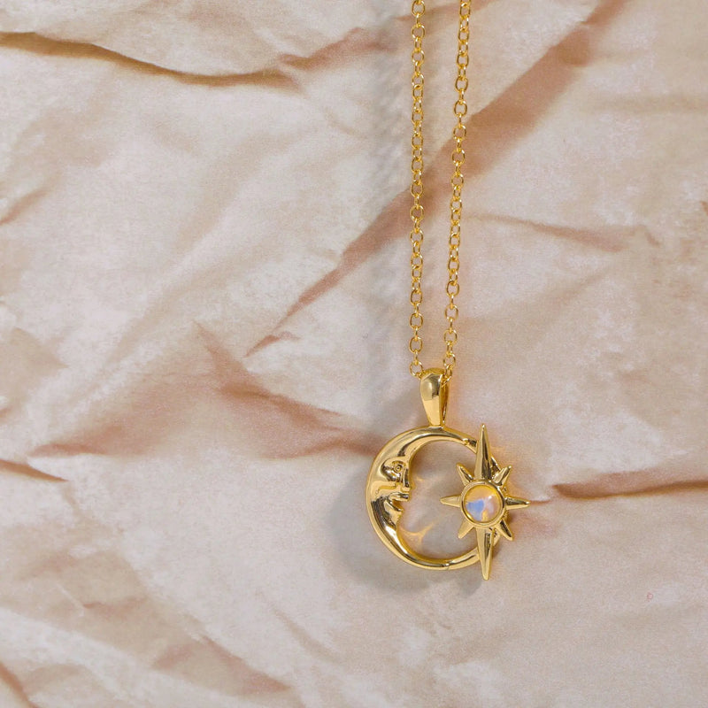 Golden Hollow Out Moon and Sun Pendant Necklace – Trendy Waterproof Stainless Steel Jewelry for Women