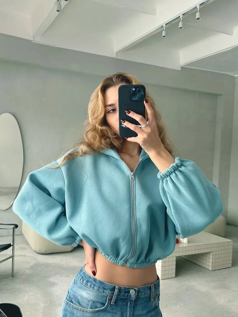 Trendy Y2K Cropped Hoodie Jacket – Zip-Up Loose-Fit Sweatshirt for Fall Street-Style Vibes