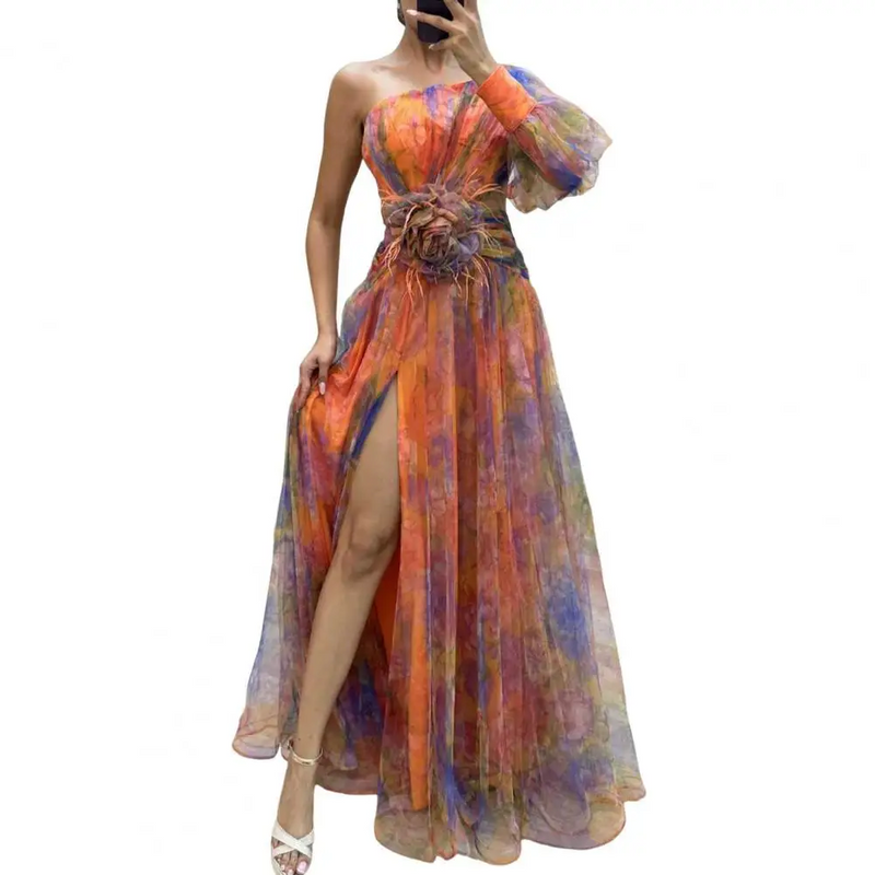Mesh Tie Dye One-Shoulder Ball Gown with Slit – Floral Mesh Bubble Sleeve Split Evening Dress for Glamorous Events