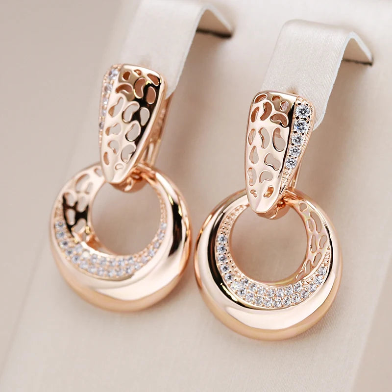 Hollow Round Moon Rose Gold Drop Earrings – Elegant Flower Design with Natural Zircon for Bridal & Daily Glamour