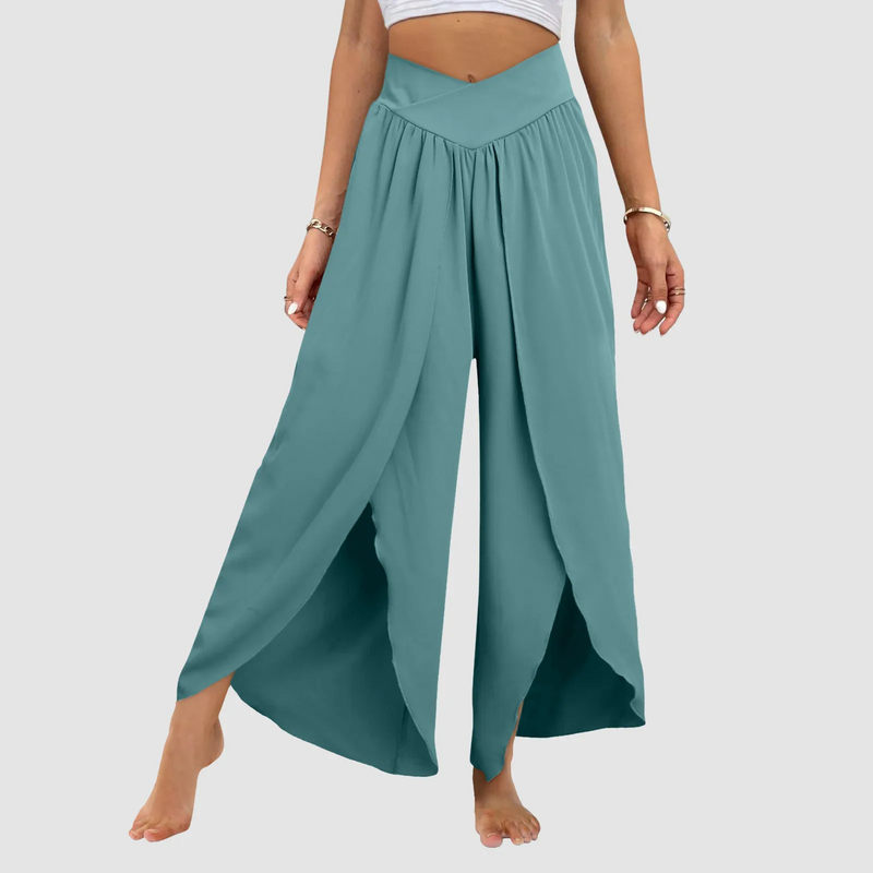 High-Waisted Loose Split Boho Palazzo Pants – Front Slit, Pleated, Plus-Size Beach & Yoga Essential