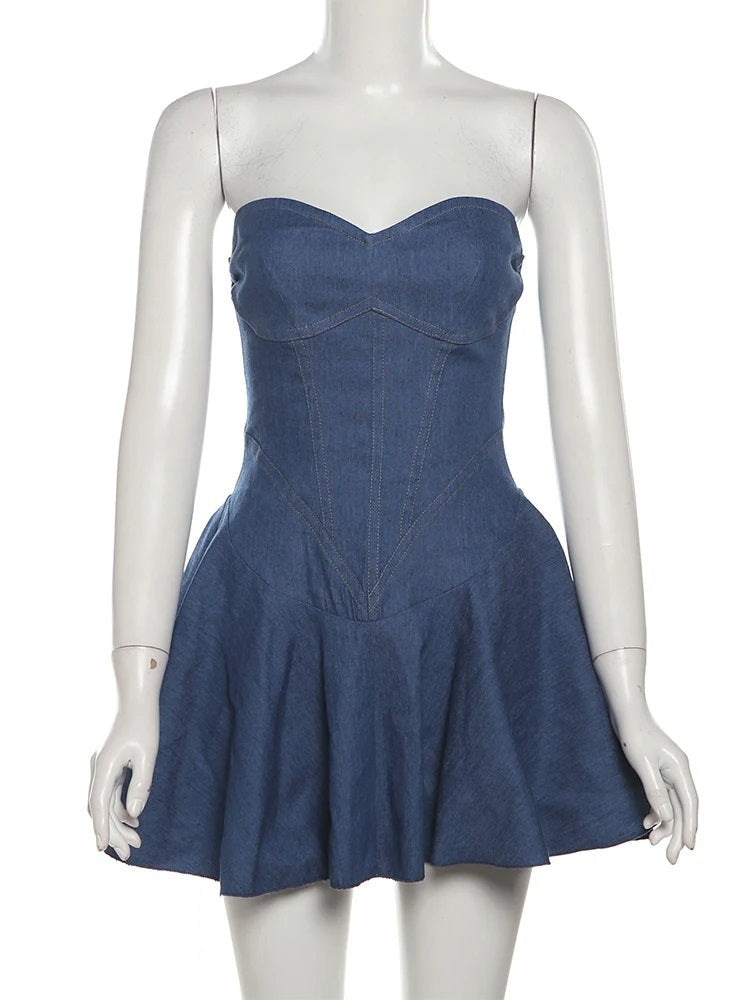 Nibber Pleated Denim Mini Dress – Sleeveless Chest Wrap Street Dress for Effortless Summer Cool Girl Aesthetic