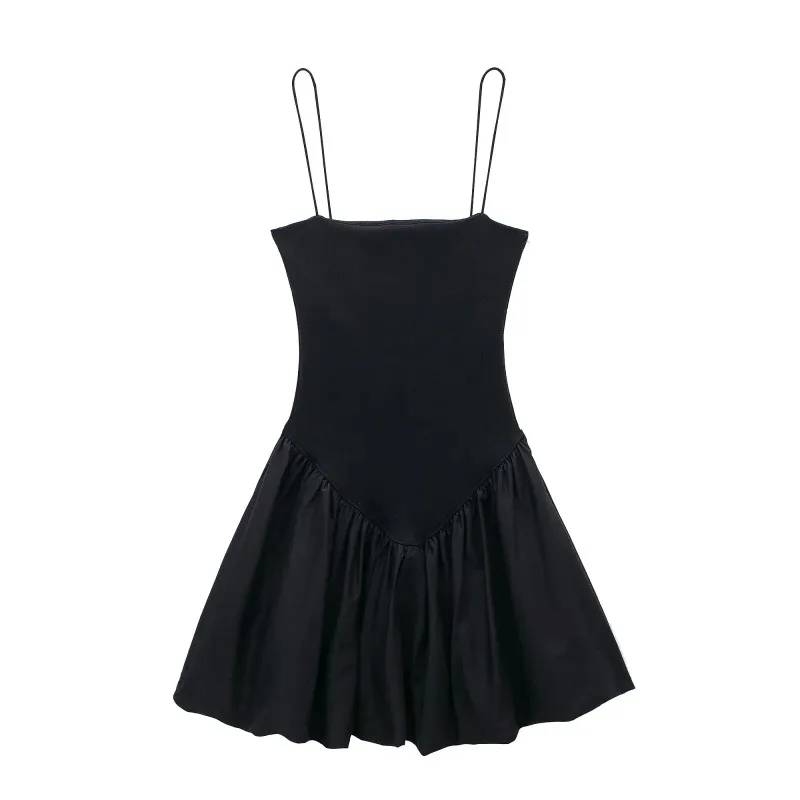 Poplin Balloon Mini Dress – Elastic Strap Sleeveless Chic Camisole Dress with High Waist Fit for Stylish Summer Days