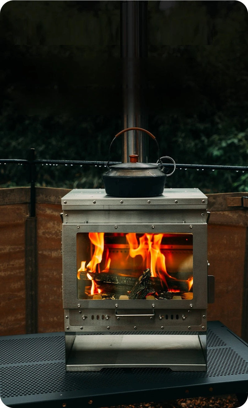 Smokeless Stainless Steel Fireplace Stove – Secondary Burning Wood Heater with Glass Window for Campfire Tents and Outdoor Heating