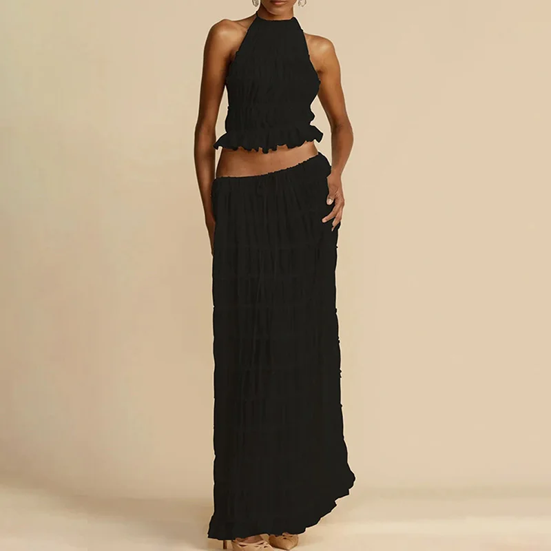 Sexy Two-Piece Hollow Out Set Dress – Backless Lace-Up Crop Top & Long Skirt for Beach & Club Vibes