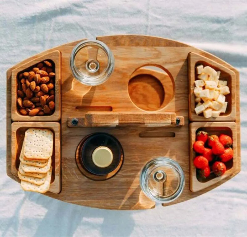 Foldable Wooden Wine Picnic Table – Round Outdoor Snack Tray with Glass Holders for Elegant Al Fresco Dining